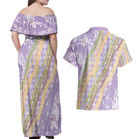 Purple Palaka Hawaii Leis Couples Matching Off Shoulder Maxi Dress and Hawaiian Shirt Hawaiian-plaid Elegant Tropical Vibes - Polynesian Pride