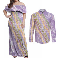 Purple Palaka Hawaii Leis Couples Matching Off Shoulder Maxi Dress and Long Sleeve Button Shirt Hawaiian-plaid Elegant Tropical Vibes - Polynesian Pride