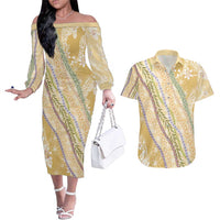 Yellow Palaka Hawaii Leis Couples Matching Off The Shoulder Long Sleeve Dress and Hawaiian Shirt Hawaiian-plaid Elegant Tropical Vibes - Polynesian Pride