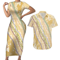 Yellow Palaka Hawaii Leis Couples Matching Short Sleeve Bodycon Dress and Hawaiian Shirt Hawaiian-plaid Elegant Tropical Vibes - Polynesian Pride