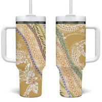 Yellow Palaka Hawaii Leis Tumbler With Handle Hawaiian-plaid Elegant Tropical Vibes - Polynesian Pride