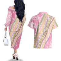 Pink Palaka Hawaii Leis Couples Matching Off The Shoulder Long Sleeve Dress and Hawaiian Shirt Hawaiian-plaid Elegant Tropical Vibes - Polynesian Pride