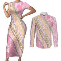 Pink Palaka Hawaii Leis Couples Matching Short Sleeve Bodycon Dress and Long Sleeve Button Shirt Hawaiian-plaid Elegant Tropical Vibes - Polynesian Pride