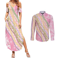 Pink Palaka Hawaii Leis Couples Matching Summer Maxi Dress and Long Sleeve Button Shirt Hawaiian-plaid Elegant Tropical Vibes LT14 Pink - Polynesian Pride