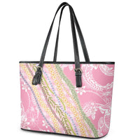 Pink Palaka Hawaii Leis Leather Tote Bag Hawaiian-plaid Elegant Tropical Vibes - Polynesian Pride