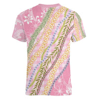 Pink Palaka Hawaii Leis Women V-Neck T-Shirt Hawaiian-plaid Elegant Tropical Vibes - Polynesian Pride
