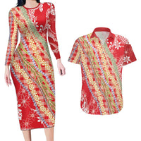 Red Palaka Hawaii Leis Couples Matching Long Sleeve Bodycon Dress and Hawaiian Shirt Hawaiian-plaid Elegant Tropical Vibes - Polynesian Pride