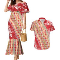 Red Palaka Hawaii Leis Couples Matching Mermaid Dress and Hawaiian Shirt Hawaiian-plaid Elegant Tropical Vibes LT14 Red - Polynesian Pride