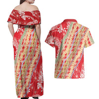 Red Palaka Hawaii Leis Couples Matching Off Shoulder Maxi Dress and Hawaiian Shirt Hawaiian-plaid Elegant Tropical Vibes - Polynesian Pride