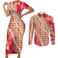 Red Palaka Hawaii Leis Couples Matching Short Sleeve Bodycon Dress and Long Sleeve Button Shirt Hawaiian-plaid Elegant Tropical Vibes LT14 Red - Polynesian Pride