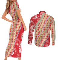 Red Palaka Hawaii Leis Couples Matching Short Sleeve Bodycon Dress and Long Sleeve Button Shirt Hawaiian-plaid Elegant Tropical Vibes LT14 - Polynesian Pride