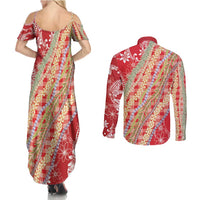 Red Palaka Hawaii Leis Couples Matching Summer Maxi Dress and Long Sleeve Button Shirt Hawaiian-plaid Elegant Tropical Vibes - Polynesian Pride