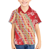 Red Palaka Hawaii Leis Family Matching Off Shoulder Maxi Dress and Hawaiian Shirt Hawaiian-plaid Elegant Tropical Vibes - Polynesian Pride