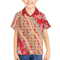 Red Palaka Hawaii Leis Family Matching Off Shoulder Short Dress and Hawaiian Shirt Hawaiian-plaid Elegant Tropical Vibes - Polynesian Pride