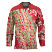 Red Palaka Hawaii Leis Hockey Jersey Hawaiian-plaid Elegant Tropical Vibes - Polynesian Pride