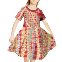 Red Palaka Hawaii Leis Kid Short Sleeve Dress Hawaiian-plaid Elegant Tropical Vibes - Polynesian Pride