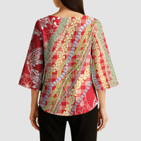 Red Palaka Hawaii Leis Kimono Sleeve Blouse Hawaiian-plaid Elegant Tropical Vibes - Polynesian Pride