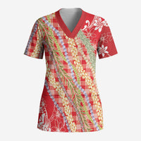 Red Palaka Hawaii Leis Scrub Top Hawaiian-plaid Elegant Tropical Vibes - Polynesian Pride