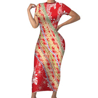 Red Palaka Hawaii Leis Short Sleeve Bodycon Dress Hawaiian-plaid Elegant Tropical Vibes LT14 Long Dress Red - Polynesian Pride