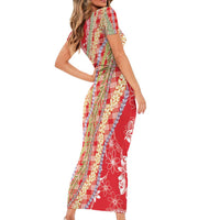 Red Palaka Hawaii Leis Short Sleeve Bodycon Dress Hawaiian-plaid Elegant Tropical Vibes LT14 - Polynesian Pride