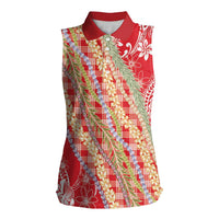 Red Palaka Hawaii Leis Women Sleeveless Polo Shirt Hawaiian-plaid Elegant Tropical Vibes - Polynesian Pride