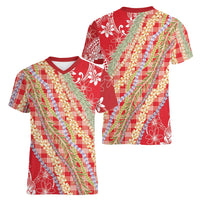 Red Palaka Hawaii Leis Women V-Neck T-Shirt Hawaiian-plaid Elegant Tropical Vibes - Polynesian Pride