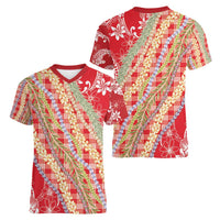 Red Palaka Hawaii Leis Women V-Neck T-Shirt Hawaiian-plaid Elegant Tropical Vibes - Polynesian Pride