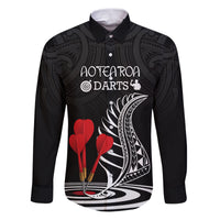 Personalised New Zealand Darts Family Matching Puletasi Dress and Hawaiian Shirt Aotearoa Maori Fern Bring It On LT14 Dad's Shirt - Long Sleeve Black - Polynesian Pride