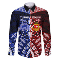 Personalised Tupou College And Kolisi Tonga Atele Family Matching Off Shoulder Short Dress and Hawaiian Shirt Tongan Ngatu Pattern LT14 Dad's Shirt - Long Sleeve Blue - Polynesian Pride
