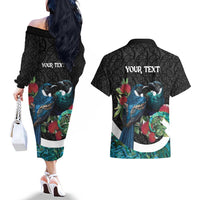 Personalised Valentine's Day New Zealand Couples Matching Off The Shoulder Long Sleeve Dress and Hawaiian Shirt Tui Bird Couple Kowhaiwhai Mix Pohutukawa