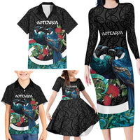 Personalised Valentine's Day New Zealand Family Matching Long Sleeve Bodycon Dress and Hawaiian Shirt Tui Bird Couple Kowhaiwhai Mix Pohutukawa LT14 - Polynesian Pride