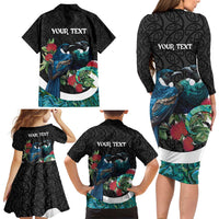 Personalised Valentine's Day New Zealand Family Matching Long Sleeve Bodycon Dress and Hawaiian Shirt Tui Bird Couple Kowhaiwhai Mix Pohutukawa LT14 - Polynesian Pride