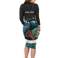 Personalised Valentine's Day New Zealand Family Matching Long Sleeve Bodycon Dress and Hawaiian Shirt Tui Bird Couple Kowhaiwhai Mix Pohutukawa LT14 - Polynesian Pride