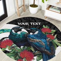 Personalised Valentine's Day New Zealand Round Carpet Tui Bird Couple Kowhaiwhai Mix Pohutukawa LT14 Black - Polynesian Pride