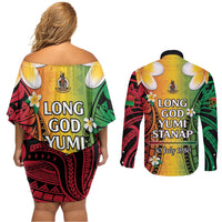Vanuatu Independence Day Couples Matching Off Shoulder Short Dress and Long Sleeve Button Shirt Long God Yumi Stanap Happy 46th Anniversary LT14 - Polynesian Pride