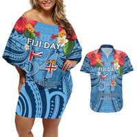 Fiji Day Couples Matching Off Shoulder Short Dress and Hawaiian Shirt Happy 54 Years Of Independence Tapa Pattern Blue LT14 Blue - Polynesian Pride