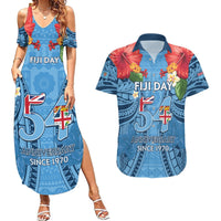 Fiji Day Couples Matching Summer Maxi Dress and Hawaiian Shirt Happy 54 Years Of Independence Tapa Pattern Blue LT14 Blue - Polynesian Pride