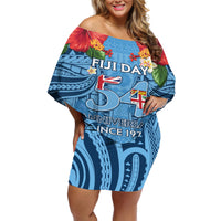 Fiji Day Off Shoulder Short Dress Happy 54 Years Of Independence Tapa Pattern Blue LT14 Women Blue - Polynesian Pride