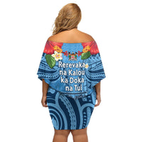 Fiji Day Off Shoulder Short Dress Happy 54 Years Of Independence Tapa Pattern Blue LT14 - Polynesian Pride