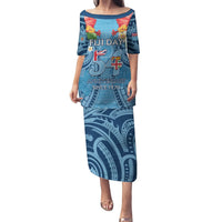 Fiji Day Puletasi Happy 54 Years Of Independence Tapa Pattern Blue LT14 Long Dress Blue - Polynesian Pride
