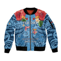 Fiji Day Sleeve Zip Bomber Jacket Happy 54 Years Of Independence Tapa Pattern Blue