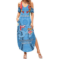 Fiji Day Summer Maxi Dress Happy 54 Years Of Independence Tapa Pattern Blue LT14 Women Blue - Polynesian Pride