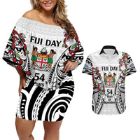 Fiji Day Couples Matching Off Shoulder Short Dress and Hawaiian Shirt Happy 54 Years Of Independence Tapa Pattern White LT14 White - Polynesian Pride