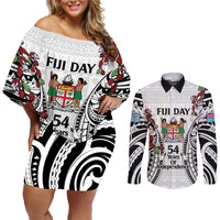 Fiji Day Couples Matching Off Shoulder Short Dress and Long Sleeve Button Shirt Happy 54 Years Of Independence Tapa Pattern White LT14 White - Polynesian Pride