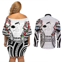 Fiji Day Couples Matching Off Shoulder Short Dress and Long Sleeve Button Shirt Happy 54 Years Of Independence Tapa Pattern White LT14 - Polynesian Pride
