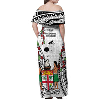 Fiji Day Family Matching Off Shoulder Maxi Dress and Hawaiian Shirt Happy 54 Years Of Independence Tapa Pattern White