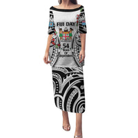 Fiji Day Puletasi Happy 54 Years Of Independence Tapa Pattern White LT14 Long Dress White - Polynesian Pride