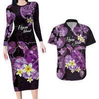 Personalised Aloha Hawaii Kauai Island Couples Matching Long Sleeve Bodycon Dress and Hawaiian Shirt Garden Isle Map Sea Turtle Plumeria