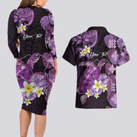 Personalised Aloha Hawaii Kauai Island Couples Matching Long Sleeve Bodycon Dress and Hawaiian Shirt Garden Isle Map Sea Turtle Plumeria