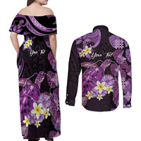 Personalised Aloha Hawaii Kauai Island Couples Matching Off Shoulder Maxi Dress and Long Sleeve Button Shirt Garden Isle Map Sea Turtle Plumeria